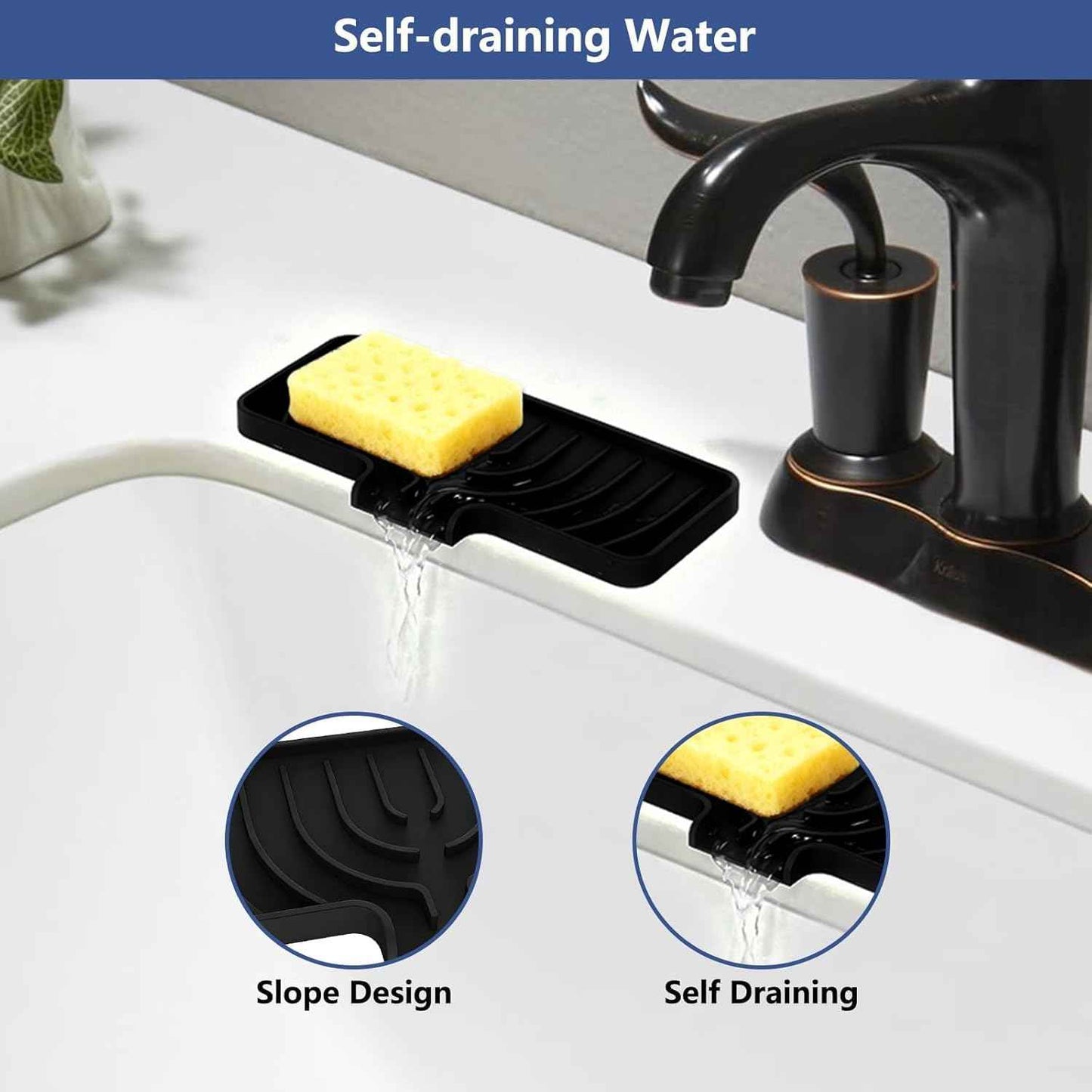 Silicone Sponge Holder for Kitchen Sink With Drain Spout, Self Draining, Kitchen Soap Tray, Bathroom Organizer, Sink Caddy (Black, 10×4)