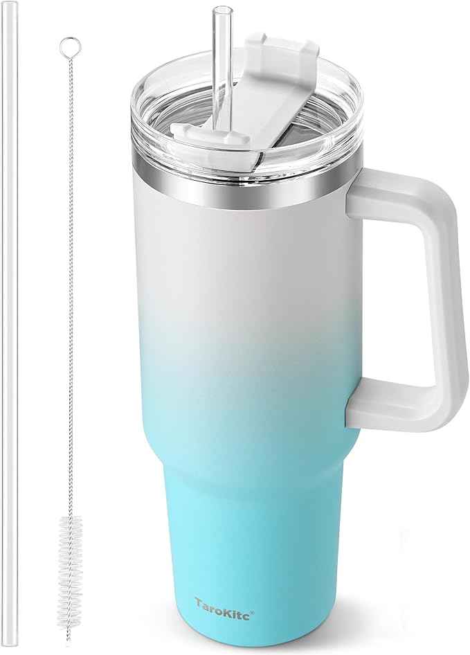 TaroKitc 40 oz Tumbler with Handle | Stainless Steel Insulated Travel Mug with Lids and Straw | Iced Coffee Cup | Keeps Cold for 34 Hours | Dishwasher Safe, BPA Free | Clear Sky