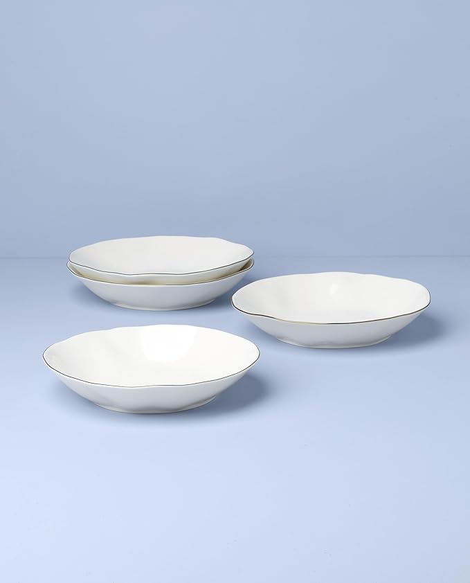 Lenox Dinnerware Set, Blue Bay White Pasta Bowls, Set of 4, Service For 4, Dishwasher and Microwave Safe, Made of Porcelain, 24 Ounce Capacity, Salad Bowl, Pasta Bowl, Gold Branding (White, 4 Pieces)