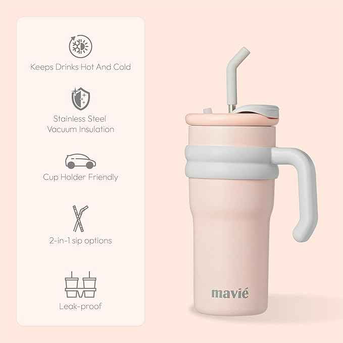 24oz Tumbler With Handle & Metal Straw + Silicone Cover & Sip Spout, Double Insulated Stainless Steel Water Bottle With Rubber Base, Leakproof Cup Holder Friendly Travel Coffee Mug (Light Pink)