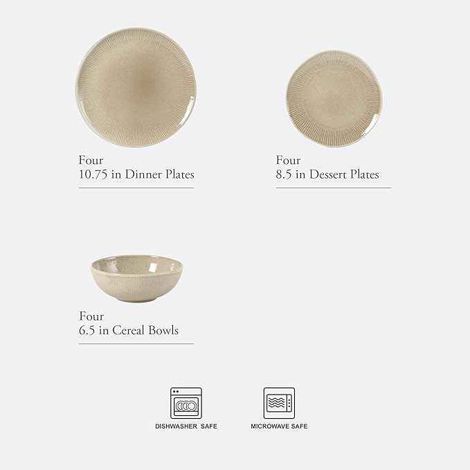 Gibson Elite Sandy Pines Stoneware Plates and Bowls Set - 12 Piece Reactive Glaze Dinnerware Set - Service for 4 - Dishwasher and Microwave Safe - Cream Taupe
