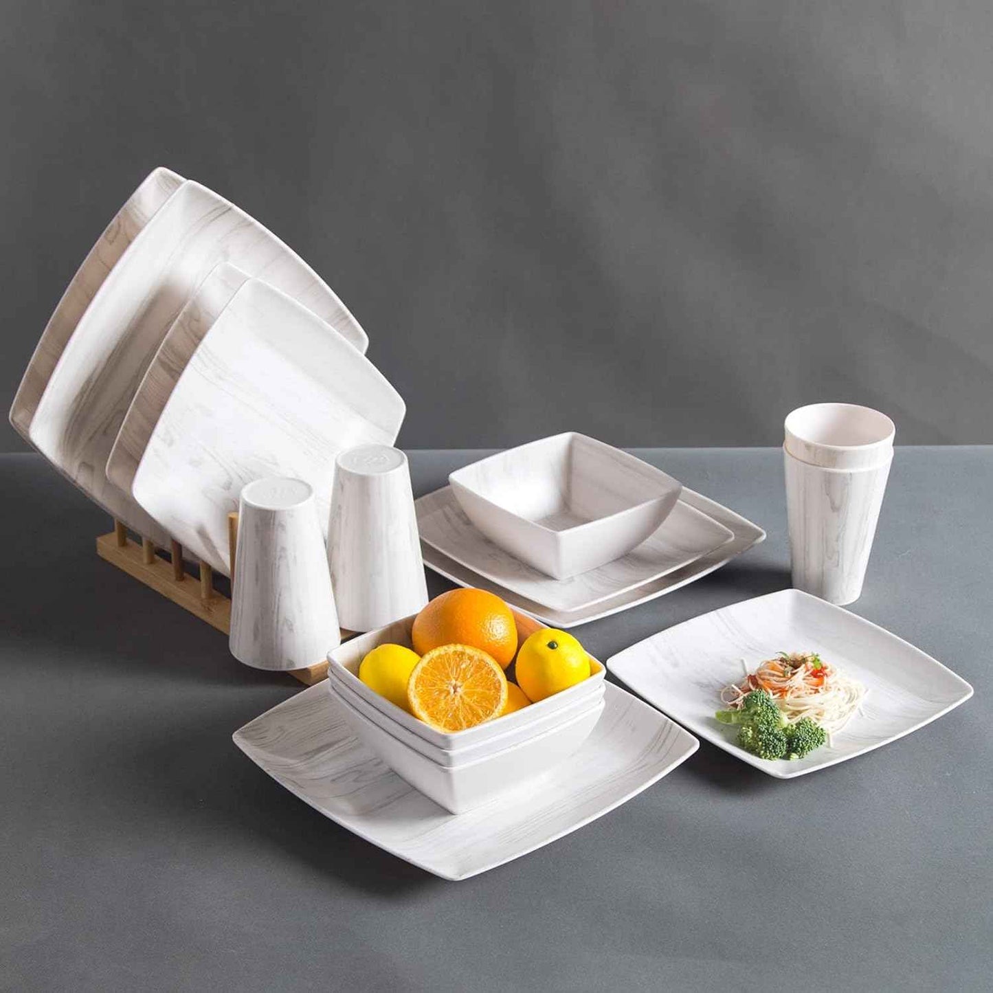 Melamine Dinnerware Set 16Pcs Wood-looking - Dish Dishware Square Mugs Tumbler Wood Grain Woodland Plastic Outdoor Plates Bowls Durable Service for 4