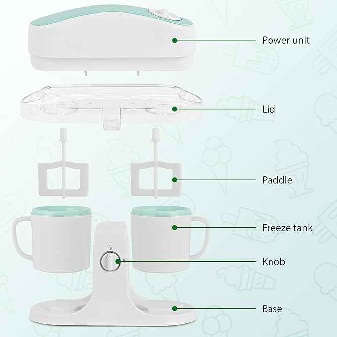 Pukomc Ice Cream Maker Machine for Home Use, with Two Ice Cream Bowls,Simple Operation and Easy to Clean,White Green