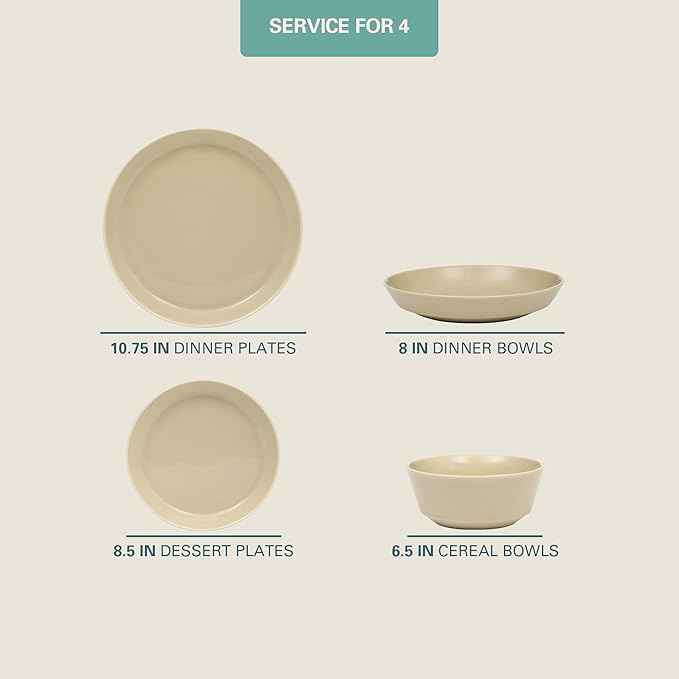 Gibson Home Summer Shades 16 Piece Plates and Bowls Dishes Service for 4 Porcelain Dinnerware Set - Taupe
