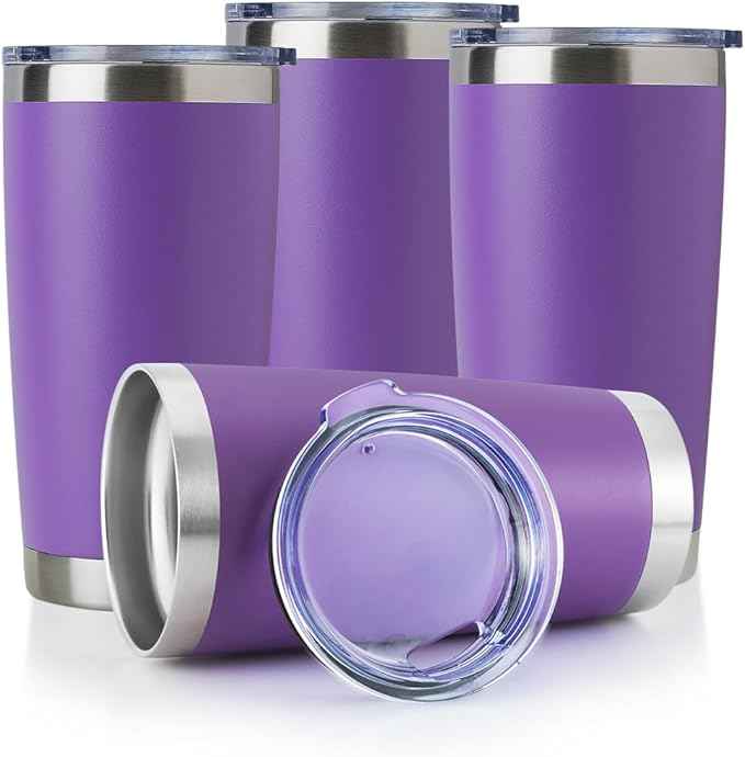 DOMICARE 20oz Stainless Steel Tumbler Bulk with Lid, Double Wall Vacuum Insulated Travel Mug, Powder Coated Coffee Cup, Powder Purple, 4 Pack