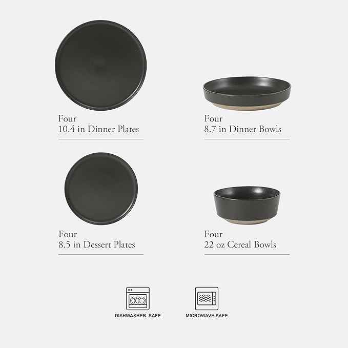 Gibson Elite Overbrook 16-Piece Pottery Clay Stoneware Dinnerware Set – Black Reactive Glaze, Stackable Plates and Bowls W/Pasta Bowl, Service for 4 – Microwave & Dishwasher Safe