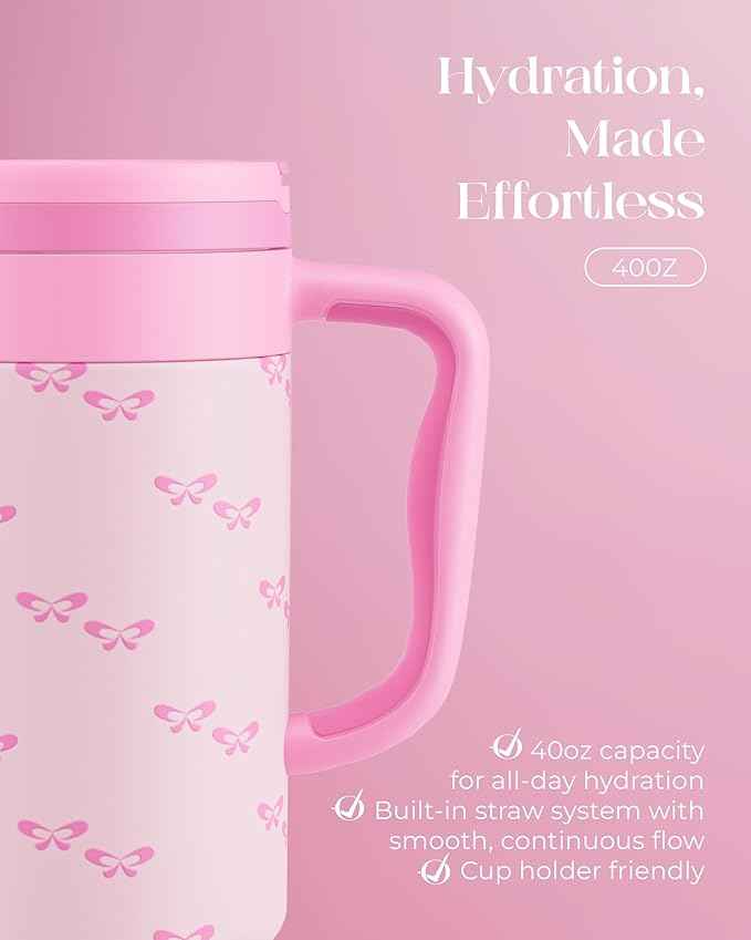 40 oz Insulated Tumbler with Handle and Push-Button Straw Lid, Stainless Steel Travel Cup for Gym Office Leakproof, BPA-Free, Cup Holder Friendly, Bow Silicone Boot, Pink (Coquette Bubblegum)