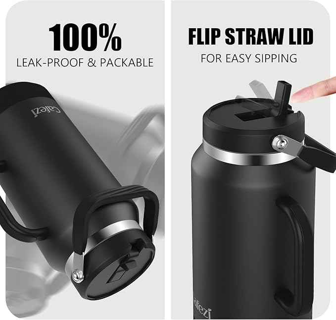 64oz Half Gallon Insulated Water Jug with Flip Straw & Silicone-Grip Handle - Leak-Proof, Sweat-Free, BPA-Free, Iced for 34 Hours, Wide Mouth, Dishwasher Safe, Anti-Slip Base