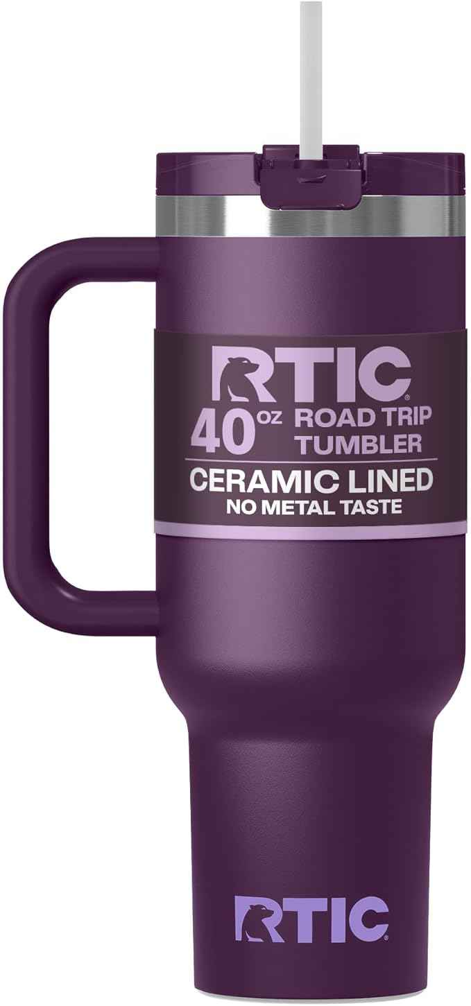 RTIC 40 oz Road Trip Tumbler Double-Walled Cermaic Lined Insulated Stainless Steel Portable Travel Coffee Mug Cup with Lid, Handle and Straw, Plum