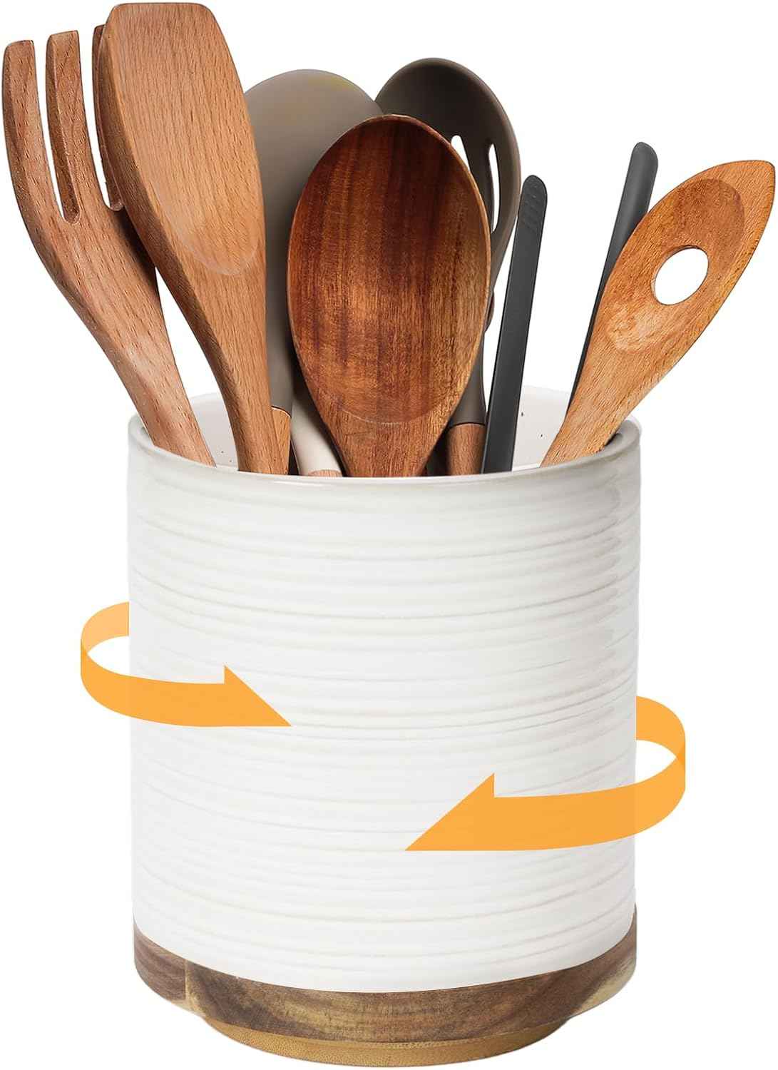 DOWAN 360° Rotating Extra Large Cooking Utensil Holder, 7.6" Kitchen Utensil Holder for Countertop, Utensil Crock for Farmhouse Kitchen Decor, Ceramic Stable Utensil Caddy, Soft White