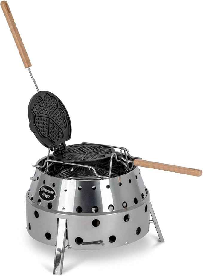 Petromax Rotating Waffle Iron with Turning Stop Frame, for Heart Shaped Waffles When Camping, Cast Iron with Wood Handles