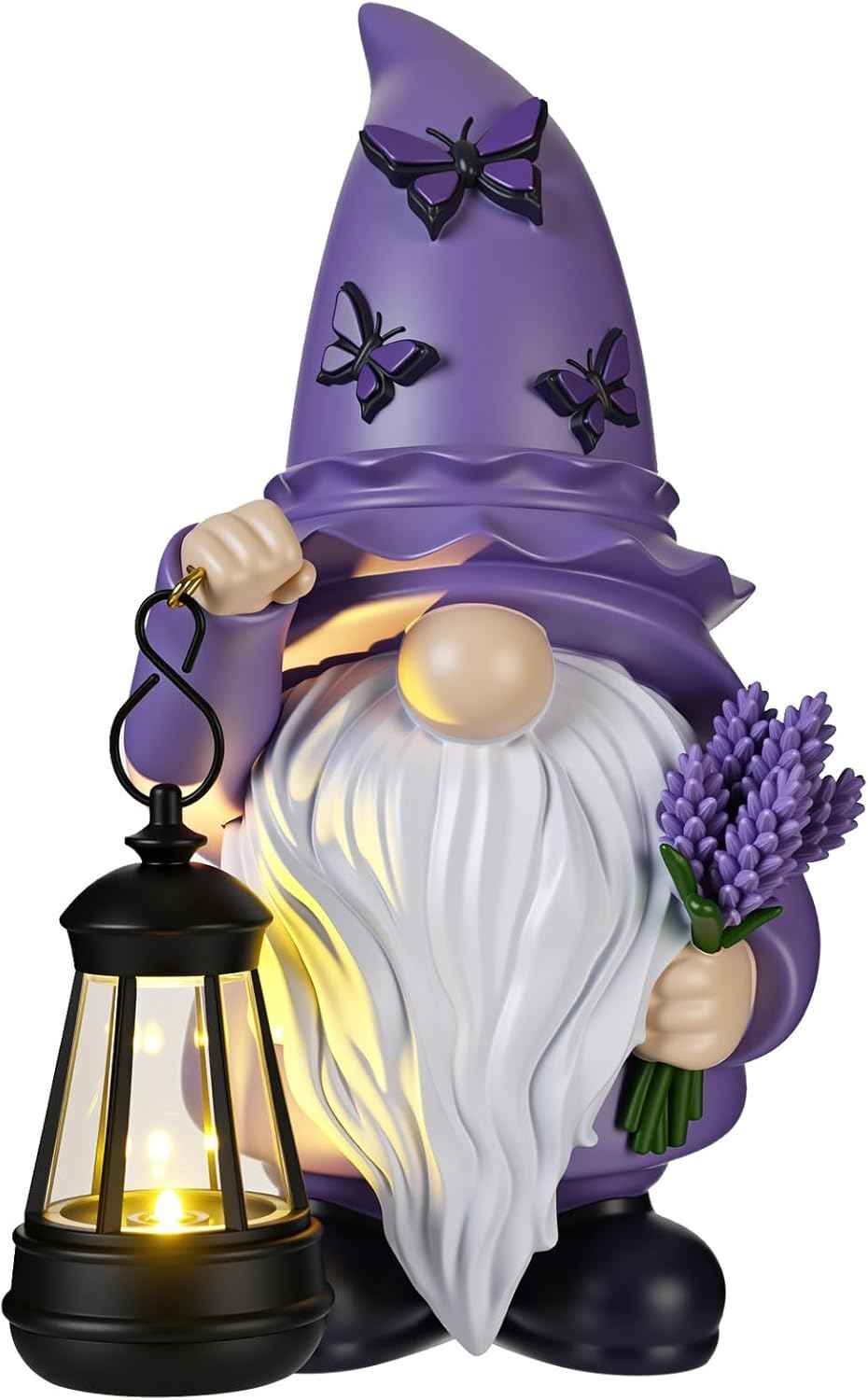 Capoda Solar Spring Gnome Statue 8" Garden Resin Gnome Figurine Holding Lantern with Solar LED Lights Decorations for Table Outdoor Yard Patio Lawn Porch Decor (Lavender)