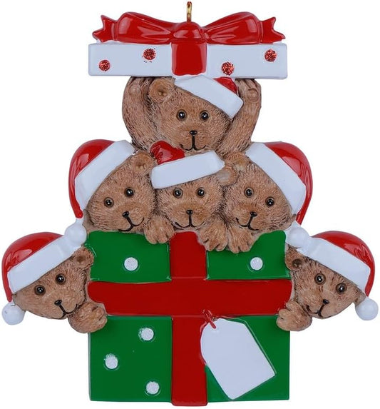Personalized Bear Family Christmas Ornament 2024, Family of 6 Bear with Gift Box Ornaments for Christmas Tree, Personalized Bear Christmas Ornament, Unique Handmade Teddy Bear Christmas Ornament