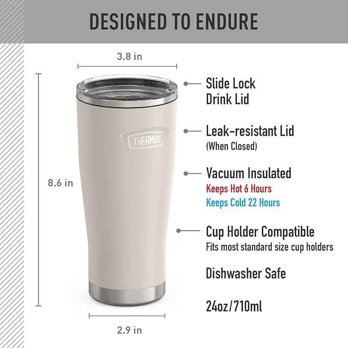 THERMOS ICON SERIES, Stainless Steel Cold Tumbler with Slide Lock, 24 Ounce, Sandstone