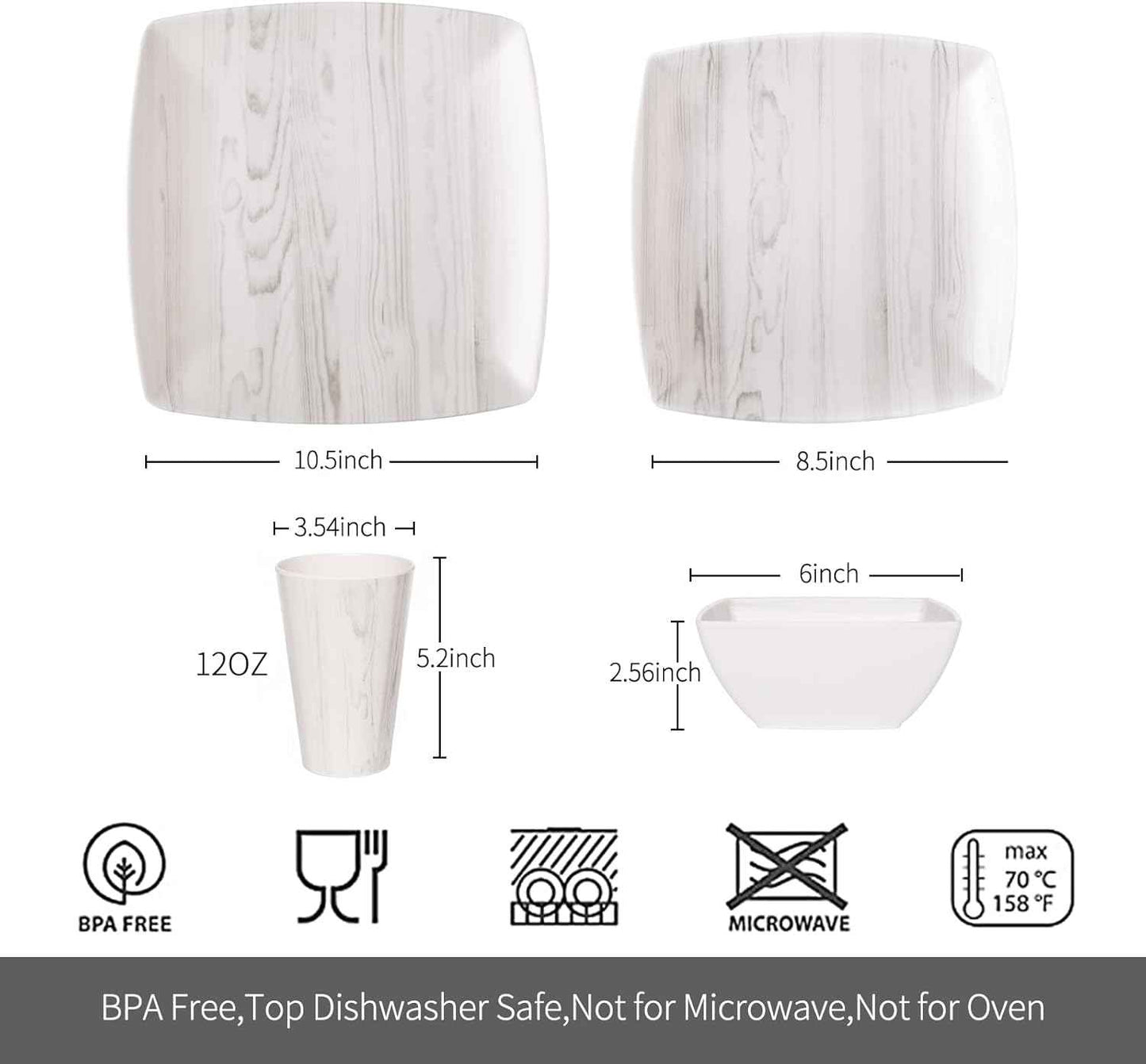 Melamine Dinnerware Set 16Pcs Wood-looking - Dish Dishware Square Mugs Tumbler Wood Grain Woodland Plastic Outdoor Plates Bowls Durable Service for 4