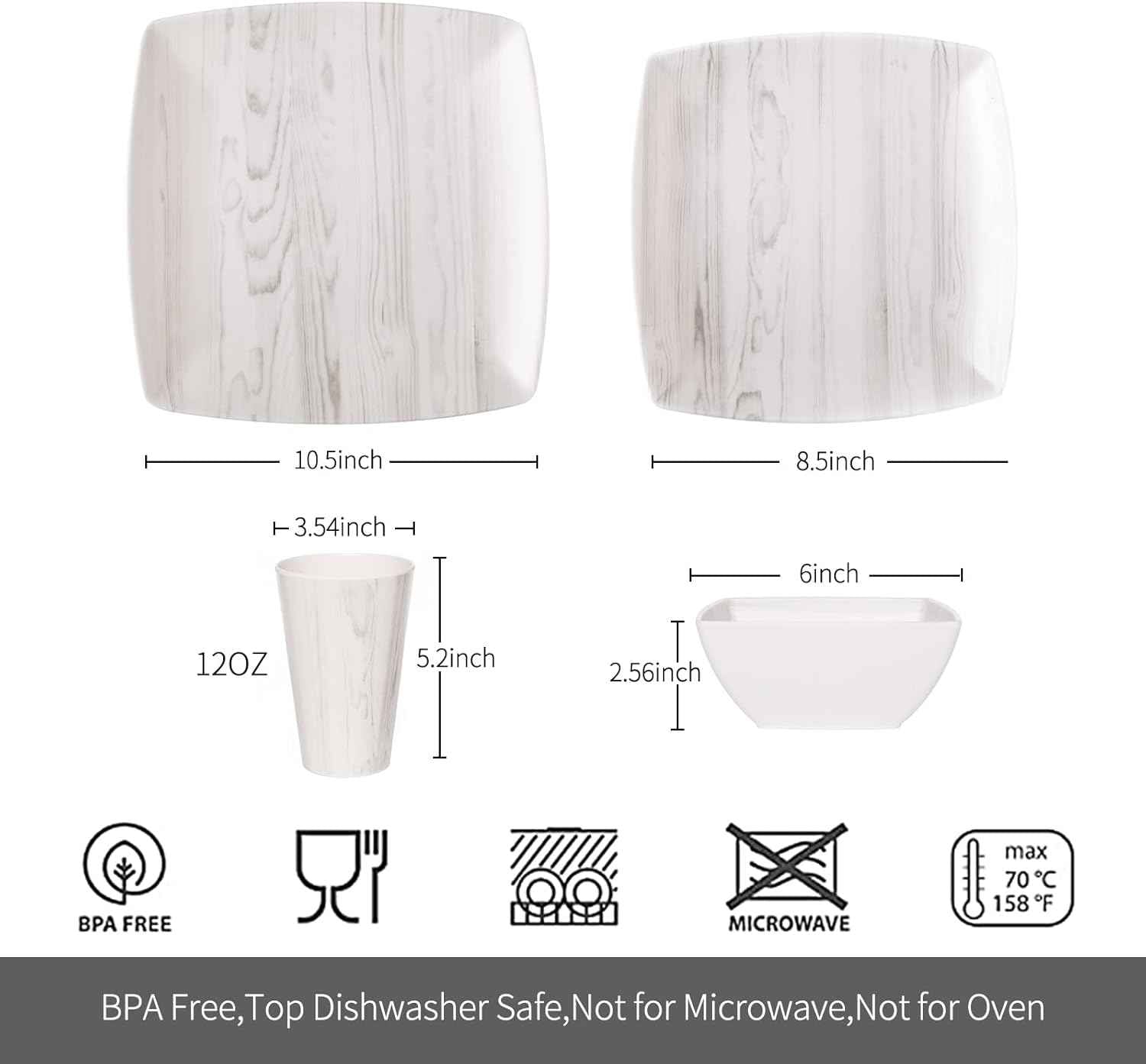 Melamine Dinnerware Set 16Pcs Wood-looking - Dish Dishware Square Mugs Tumbler Wood Grain Woodland Plastic Outdoor Plates Bowls Durable Service for 4