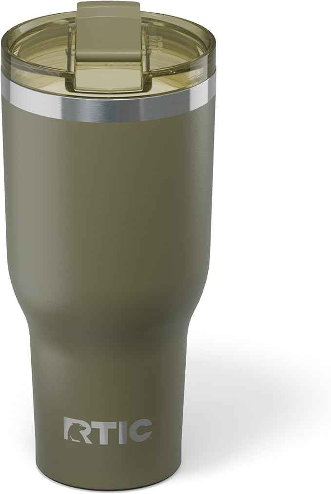 RTIC 40oz Essential Tumbler with Lid, Ceramic Lined, Insulated, Stainless Steel, Metal, Double Wall Vacuum-Insulation, Travel Cup for Iced Coffee, Tea, Hot and Cold Drink, Olive