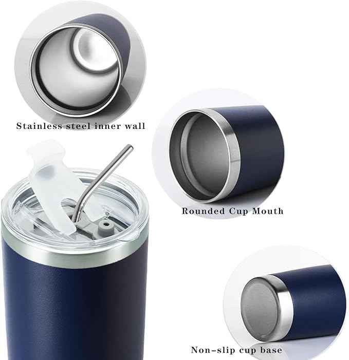 20oz Tumbler with Lid, Stainless Steel Vacuum Insulated Double Wall Travel Mug, Coffee Mug, with Straws and Straws Brush Reusable Coffee Cup (Navy Blue)