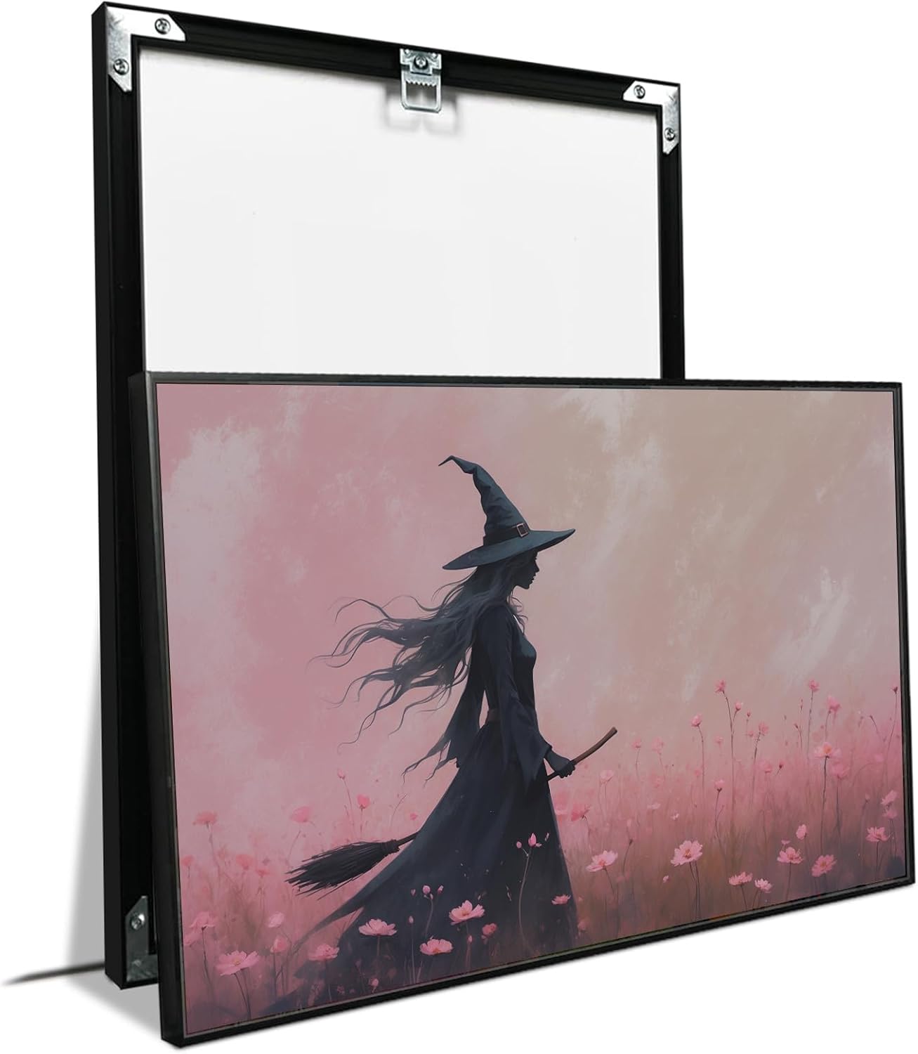 JFHCQJPK Witch in the pink sea of flowers Halloween prints weird flowers wall art silhouette painting fashionable romantic decoration suitable for bedroom8x12in Metal blackFramed