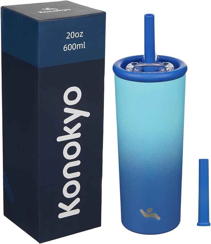 Konokyo 20oz Insulated Tumbler with Lid and Straw, Reusable Iced Coffee Cup with Lid, Travel Coffee Mug, BPA-Free, Leak-Proof and Durable, Sky