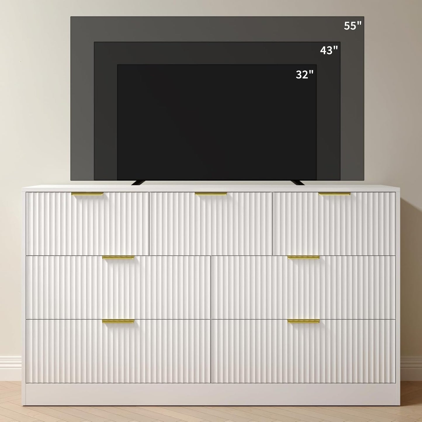White 7 Drawer Dresser for Bedroom, 55” Wide Fluted Dresser with Gold Handles, Modern Chest of Drawer for Bedroom, Closet, Living Room, Entryway, Hallway, White