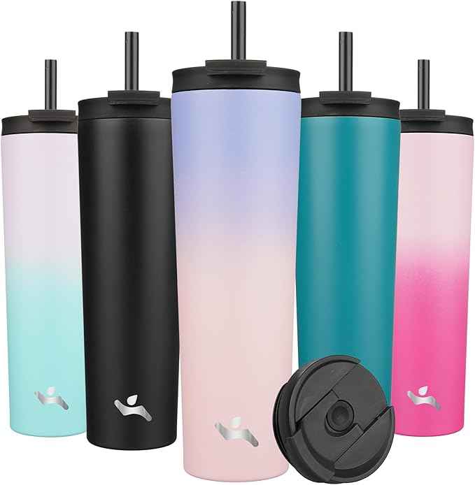 Konokyo 34 OZ Insulated Tumbler with Lid and 2 Straws Stainless Steel Water Bottle Vacuum Travel Mug Coffee Cup,Pastel Sunset