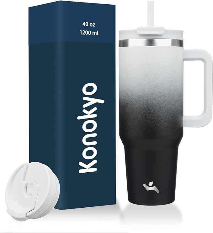Konokyo 40 oz Tumbler with Handle and 2 Straws,2 in 1 Lid Insulated Water Bottle Stainless Steel Travel Coffee Mug,Day Night
