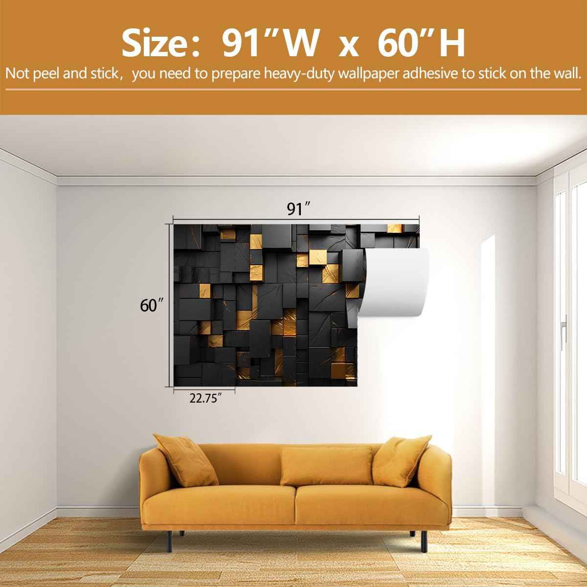 Black and Gold 3D Wallpaper Bedroom Abstract Geometric Squares Background Wall Mural for Living Room Office（Not Peel and Stick）