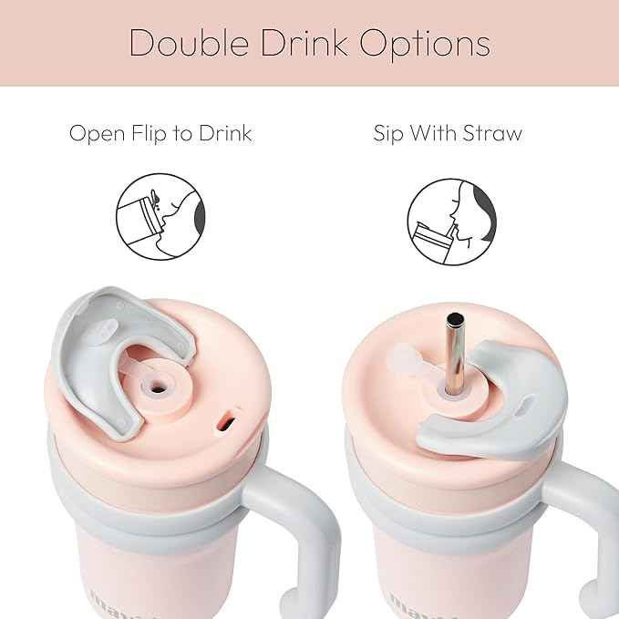 24oz Tumbler With Handle & Metal Straw + Silicone Cover & Sip Spout, Double Insulated Stainless Steel Water Bottle With Rubber Base, Leakproof Cup Holder Friendly Travel Coffee Mug (Light Pink)