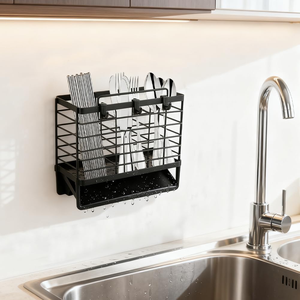 3-Compartment Dish Drying Rack for Kitchen, Carbon Steel Utensil Holder with Drain Tray, Utensil Caddy Organizer for Knives, Forks, Spoons, Chopsticks, Wall Mount or Countertop(COLOR:Black)