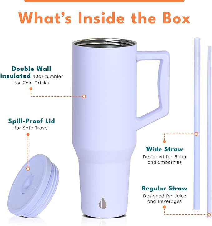 Elemental 40 oz Tumbler with Handle and Straw - Spill Proof Insulated Stainless Steel Commuter for Cold Beverages - Travel Coffee Mug with 2 Straws & Spill Proof Lid - 40oz - Ice Blue