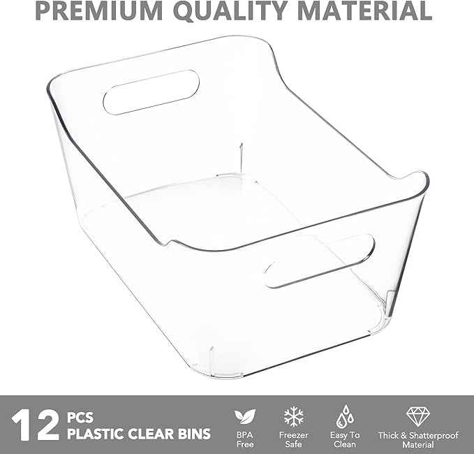 Tiawudi 12 Pack Plastic Storage Bins, Multi-Use Organizer Bins, Pantry Organizer, Clear Storage Containers for Home, Kitchen, Office, Cabinet, Shelf and Fridge Organization