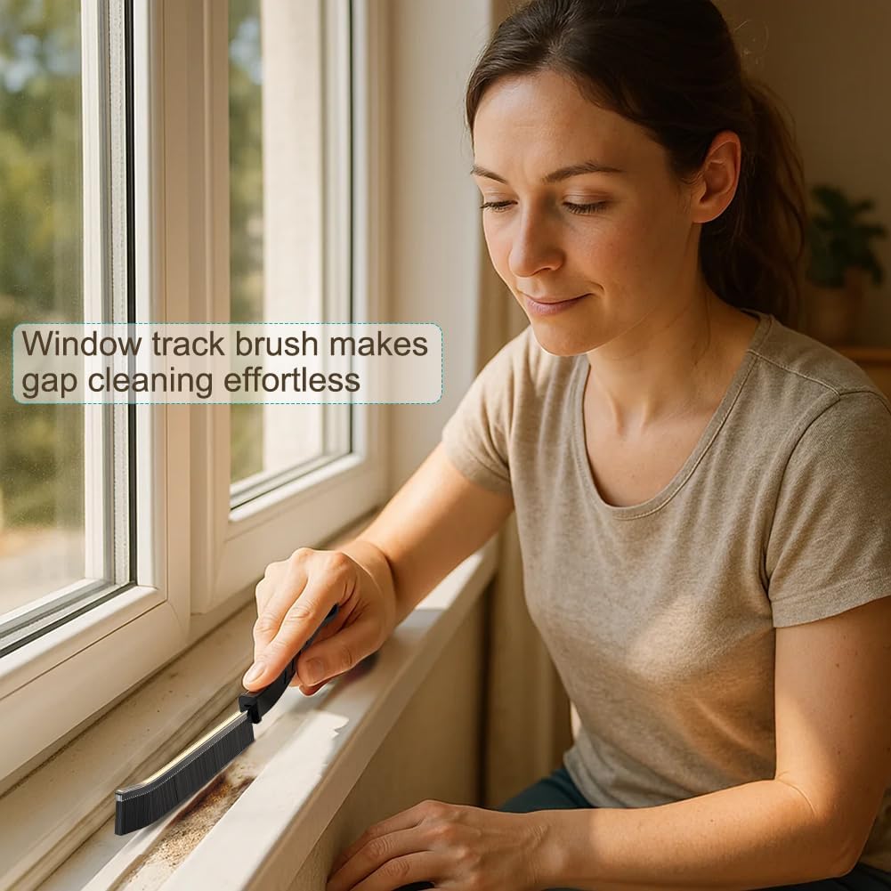 [7-Pack] Hard Bristle Crevice Cleaning Brush - Grout & Gap Crevice Brush for Window Tracks, Bathroom Corners, Kitchen Sink -Ergonomic Curved Handle Protects Hands, Cleaning Products Essential