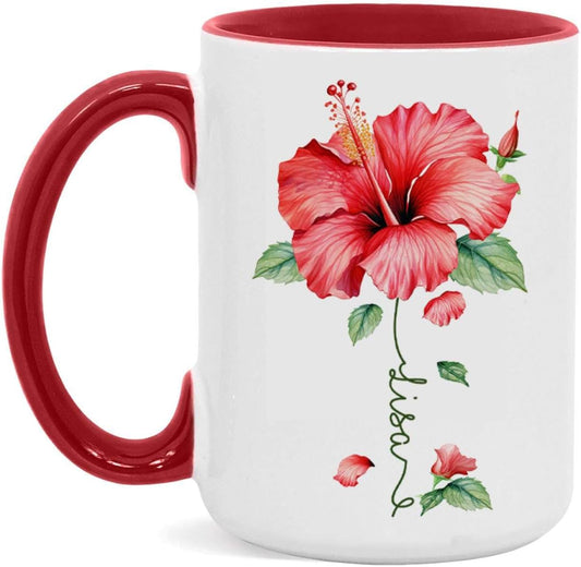 Personalized Hibiscus Blossom Design Mug, Custom Name Vibrant Flower Coffee Cup, Customized Mug For Floral Enthusiasts, Novelty Hibiscus Flower Ceramic Cup 11oz 15oz, Gift For Women