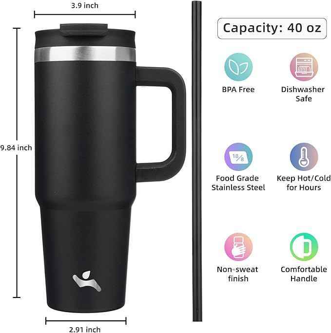 Konokyo 40 oz Tumbler with Handle and 2 Straws,2 in 1 Lid Insulated Water Bottle Stainless Steel Travel Coffee Mug,Black