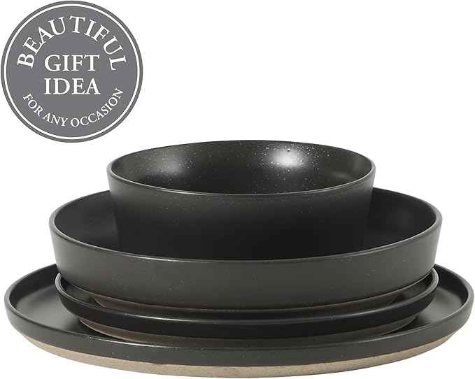 Gibson Elite Overbrook 16-Piece Pottery Clay Stoneware Dinnerware Set – Black Reactive Glaze, Stackable Plates and Bowls W/Pasta Bowl, Service for 4 – Microwave & Dishwasher Safe