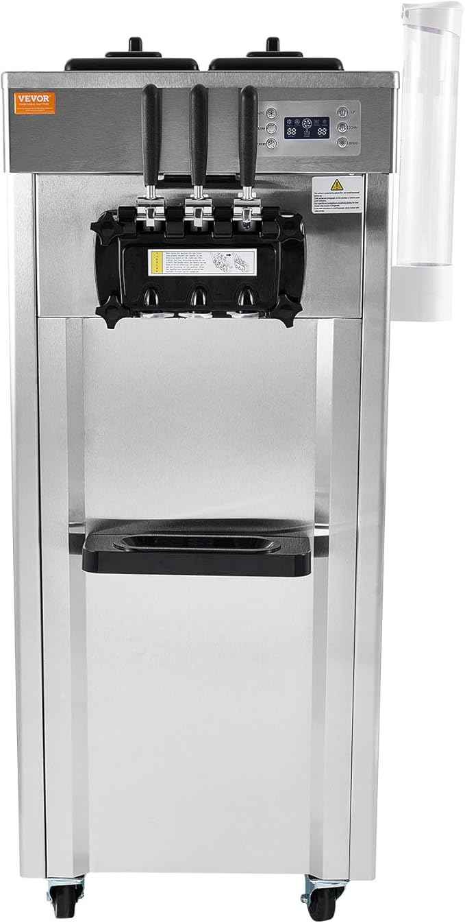 VEVOR 1850W Commercial Soft Ice Cream Machine 3 Flavors 5.5 to 8.2Gallon per Hour PreCooling at Night Auto Clean LCDPanel for Restaurants Snack Bar, Sliver