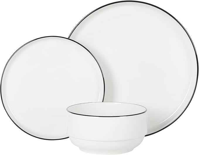 Gibson Home Rothernberg Plates and Bowls 18 Piece Porcelain White Dinnerware Set W/Black Rim | Stackable Dishes | Microwave & Dishwasher Safe