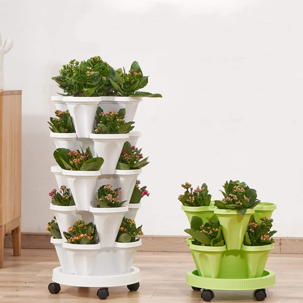 Vertical Planter 5 Tiered,Stackable Planters for Strawberry Herb Flower and Vegetable Stacking Garden Tower Gardening Pots with Removable Wheels and Bottom Indoor Outdoor