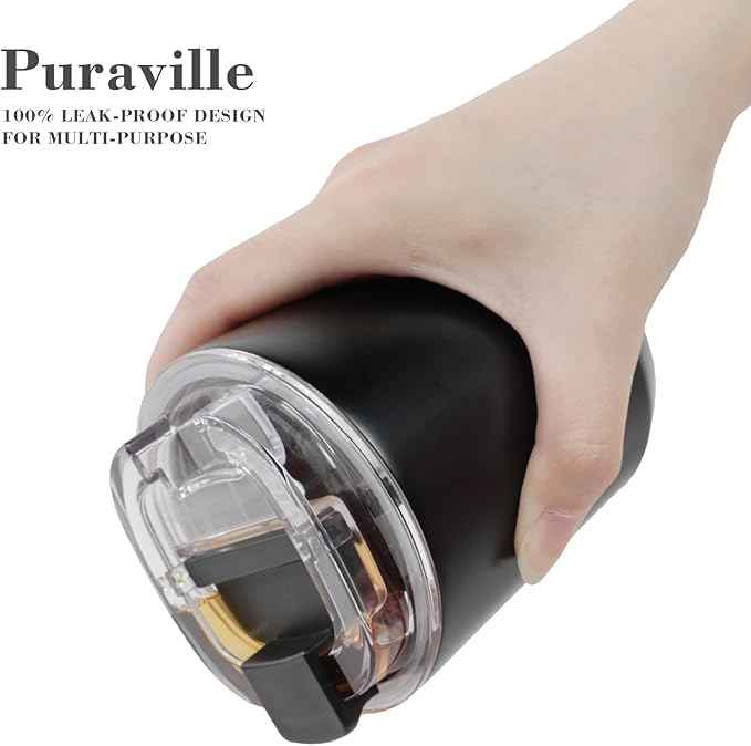 Puraville Insulated Tumblers with Lid, 10 oz Travel Coffee Mug Stainless Steel Vacuum Cup, Leak Proof Reusable Double Walled Coffee Tumbler for Iced and Hot Drinks, Black
