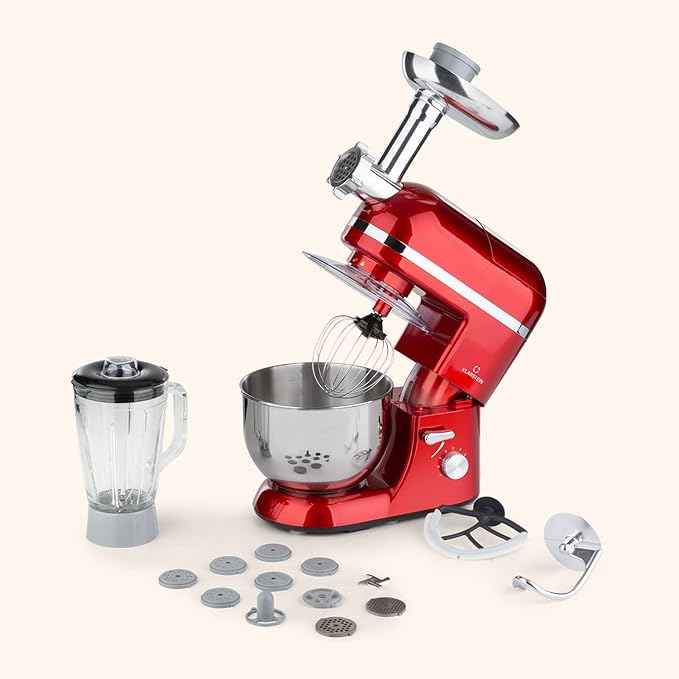 Klarstein Lucia Elegance - Stand Mixer, Food Processor and Mixer, Meat Grinder, 1300 Watt in 6 Power Levels, Pulse Function, 5L Stainless Steel Bowl, 1.5L Glass Mixing Jug, Red