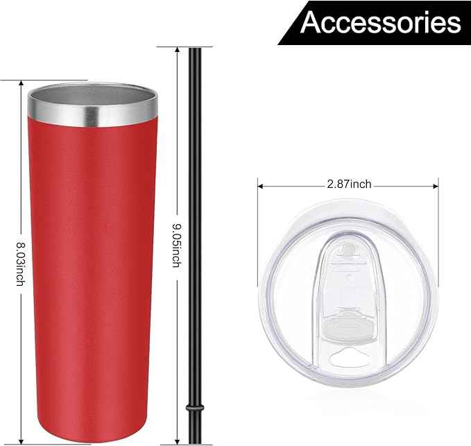 VEGOND 20 oz Stainless Steel Skinny Tumbler with Lids and Straws, 20oz Vacuum Insulated Slim Tumbler Cup, Double Wall Travel Tumblers Bulk for Cold Hot Drinks, Red 6 Pack