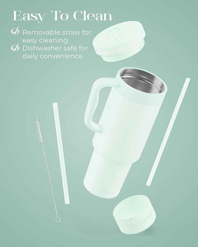 40 oz Insulated Tumbler with Handle and Push-Button Straw Lid, Stainless Steel Travel Cup for Gym Office, Leakproof, BPA-Free, Cup Holder Friendly, Bow Silicone Boot, Green (Morning Mist)