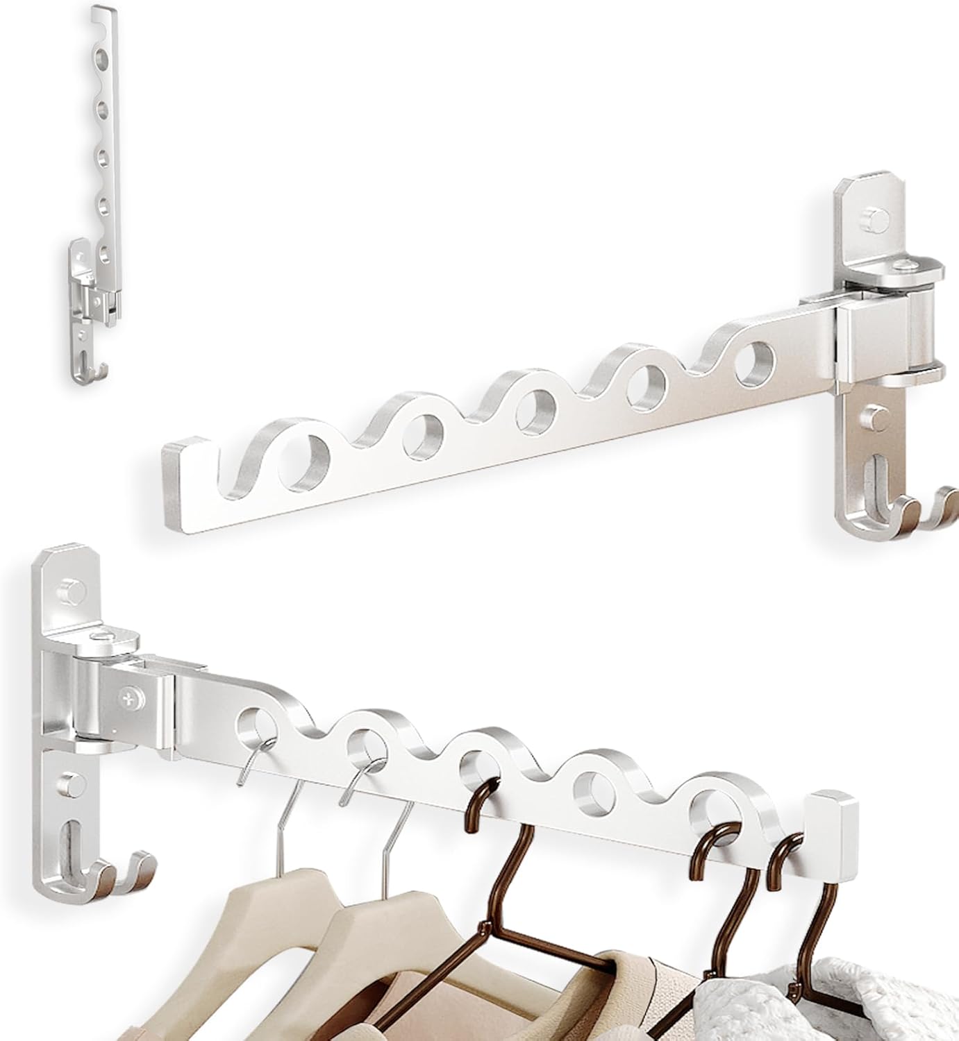 Dr.DJ Wall Hanger for Clothes, Coat Hanger Wall Mounted Silver Retractable Clothes Drying Organizer Rack Garment Hooks Aluminium Folding Indoor Space Save (2 Racks) Silver - Lumora Casa