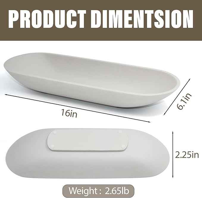 LIN CHUAN Large Decorative Bowl for Home Decor - Long Dough Bowls with Anti Slip Base for Table Centerpieces - Grey Minimalist Design Dough Decor Bowl for Coffee Table, Dining Table Centerpiece