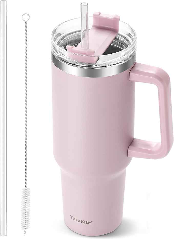 TaroKitc 40 oz Tumbler with Handle | Stainless Steel Insulated Iced Coffee Cup with Lids and Straw | Insulated Travel Mug | Keeps Cold for 34 Hours | Dishwasher Safe, BPA Free | LAVENDER