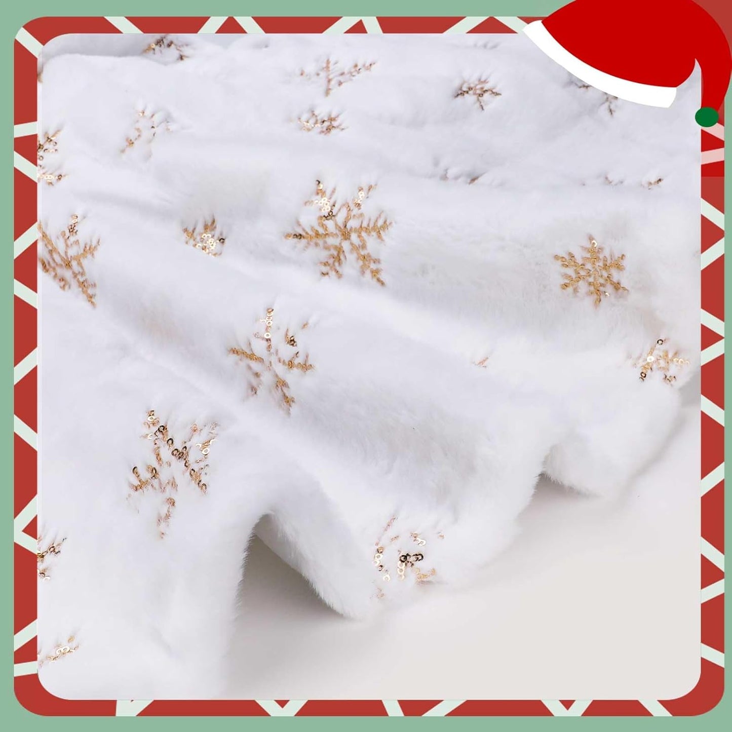 Christmas Tree Skirt, 48 Inch White Luxury Faux Fur & Gold Sequin Snowflakes, 4ft Xmas Tree Skirt for Holiday Tree Ornaments Christmas Party Home Decorations
