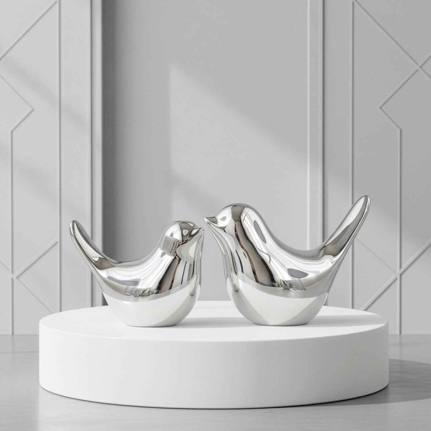 Silver Bird Statue Set – Modern Tabletop Sculptures for Living Room, Entryway, Fireplace, Bedroom, Contemporary Silver Home Decorations - 16.1 in × 12.0 in × 15.4 in