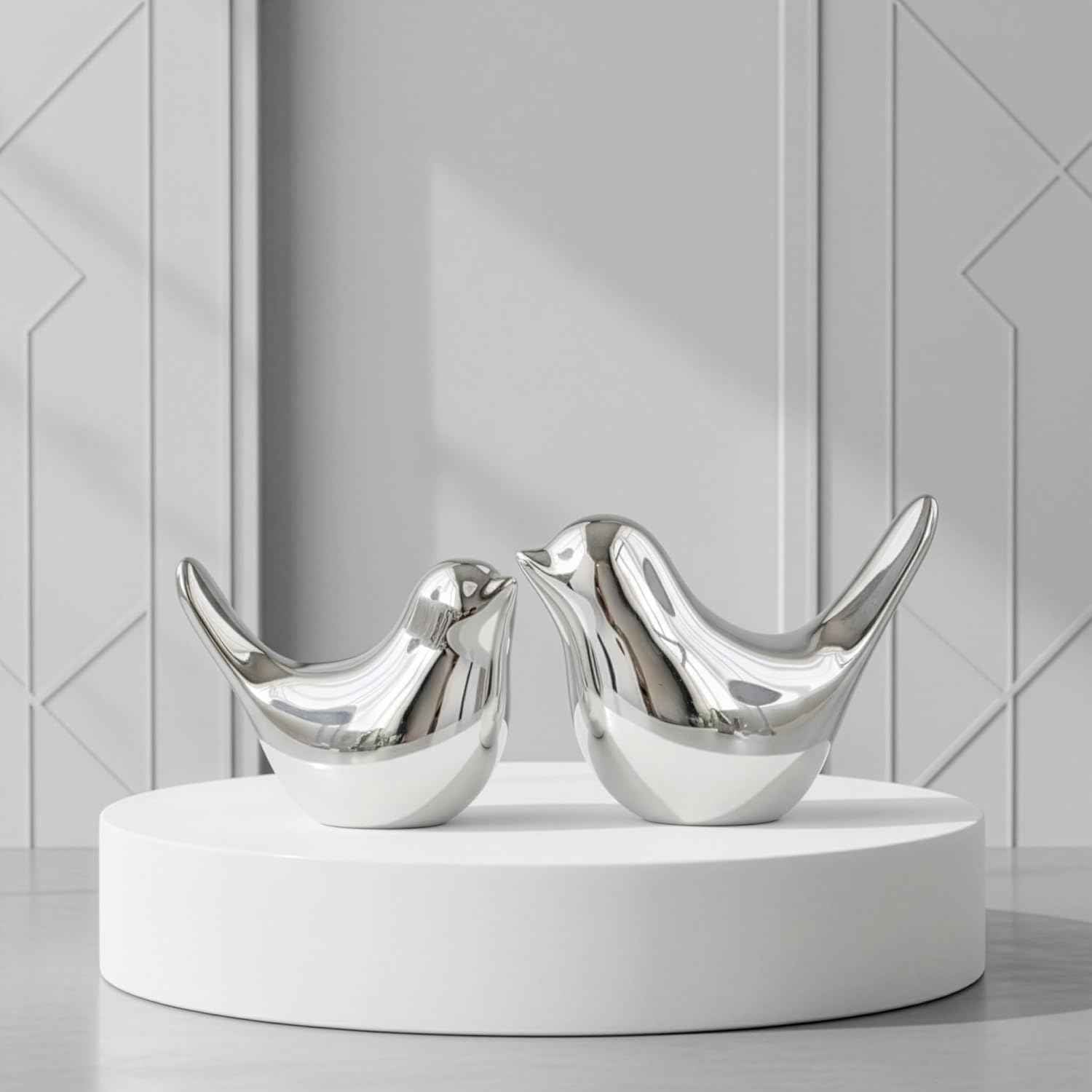 Silver Bird Statue Set – Modern Tabletop Sculptures for Living Room, Entryway, Fireplace, Bedroom, Contemporary Silver Home Decorations - 16.1 in × 12.0 in × 15.4 in