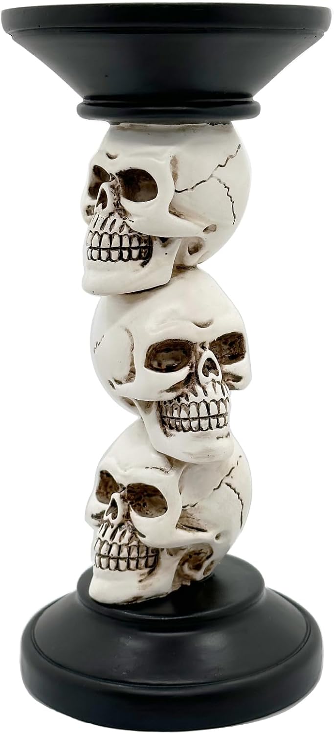 Halloween Skull Candle Holder - Vintage Pillar Candle Holder with Resin Skull Skeleton Design - Indoor Decor